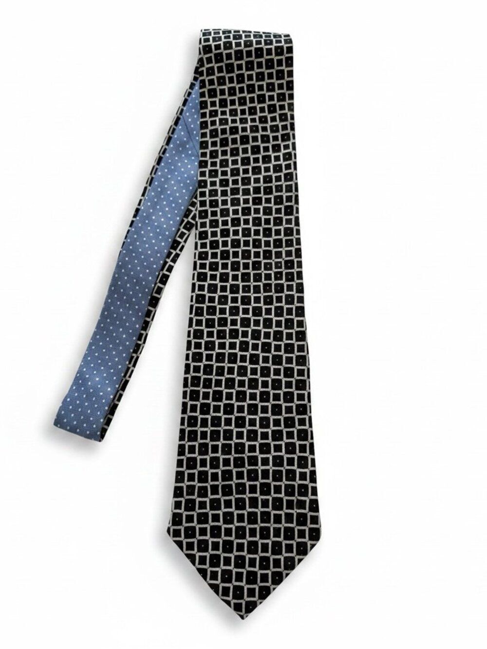 Tommy Hilfiger Silk Tie - Black Cream Geometric Square & Blue Polka Dot Contrast